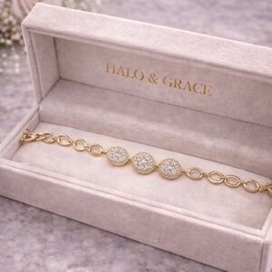 14K Gold Bracelet Triple Pave Round Stations with Oval Link Chain